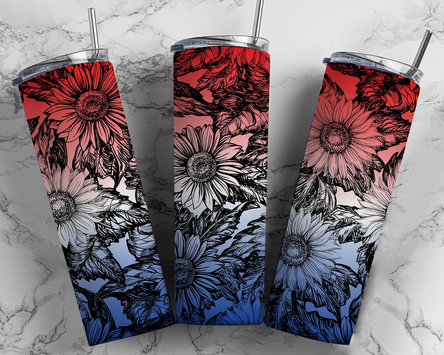 Girasoles rojos, blancos y azules